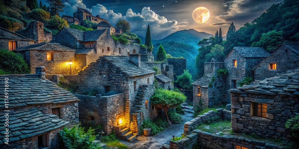 Obraz premium Night Photography: Ancient City Ruins Close-Up, Mystical Woods, Stone Architecture, Historical Landmark