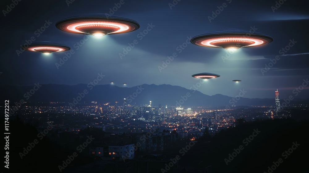 Unidentified flying objects hover over a city buildings skyline at night Unidentified flying objects hover over a city buildings skyline at night