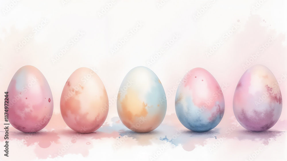 Pastel Easter eggs with watercolor texture on a soft background with copy space Pastel Easter eggs with watercolor texture on a soft background with copy space
