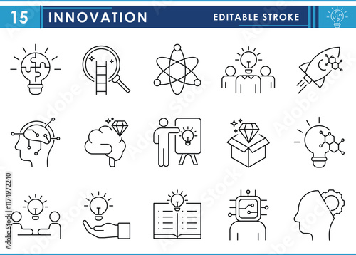 A set of line icons related to Innovation. Innovate, bulb, puzzle, mindful, intelligent, idea, startups, planning, study, research, and so on. Vector editable stroke.