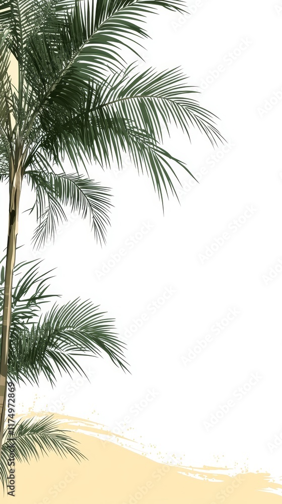 Naklejka premium Lush Green Palm Tree Against a Sandy Beach Background