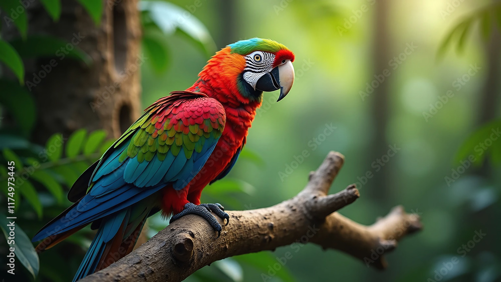 Obraz premium A vibrant scarlet macaw perched on a branch in a lush tropical forest.