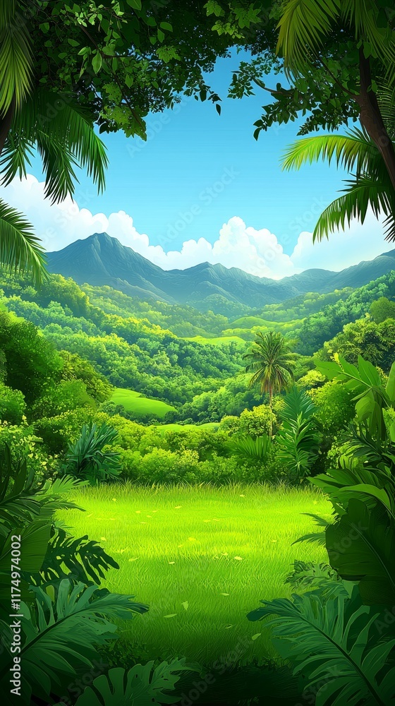 Obraz premium Lush Green Valley Framed by Tropical Foliage Under a Blue Sky