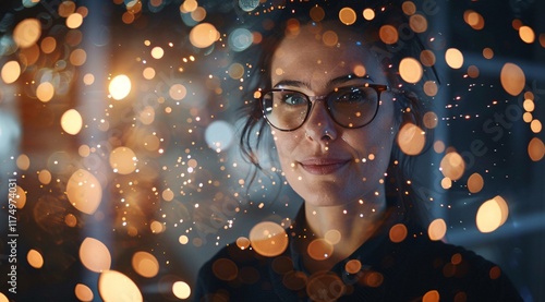 Portrait of an businesswoman with glasses smiling and looking at the camera standing against a dark background with glowing lights and a bokeh effect