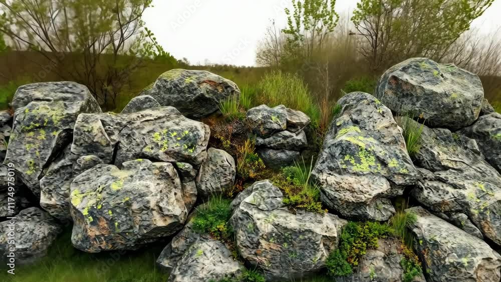 Majestic rock formation covered in vibrant moss and grass set against a serene natural landscape with trees in springtime Majestic rock formation covered in vibrant moss and grass set against a serene natural landscape with trees in springtime