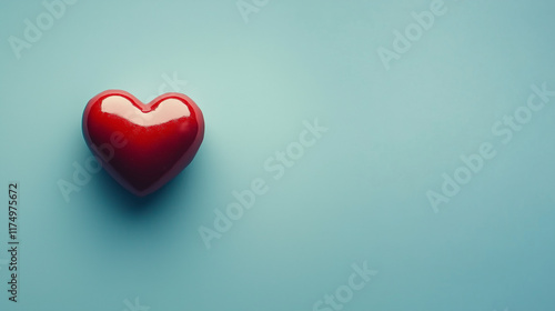 Czerwone serce widziane z g&oacute;ry na minimalistycznym tle, z przestrzenią na tekst, tworzy prosty i elegancki motyw idealny na Walentynkowe kartki i projekty.