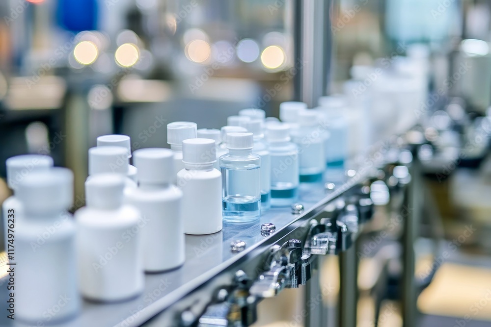 Bottles on conveyor belt, industrial setting. Bottles on conveyor belt, industrial setting.