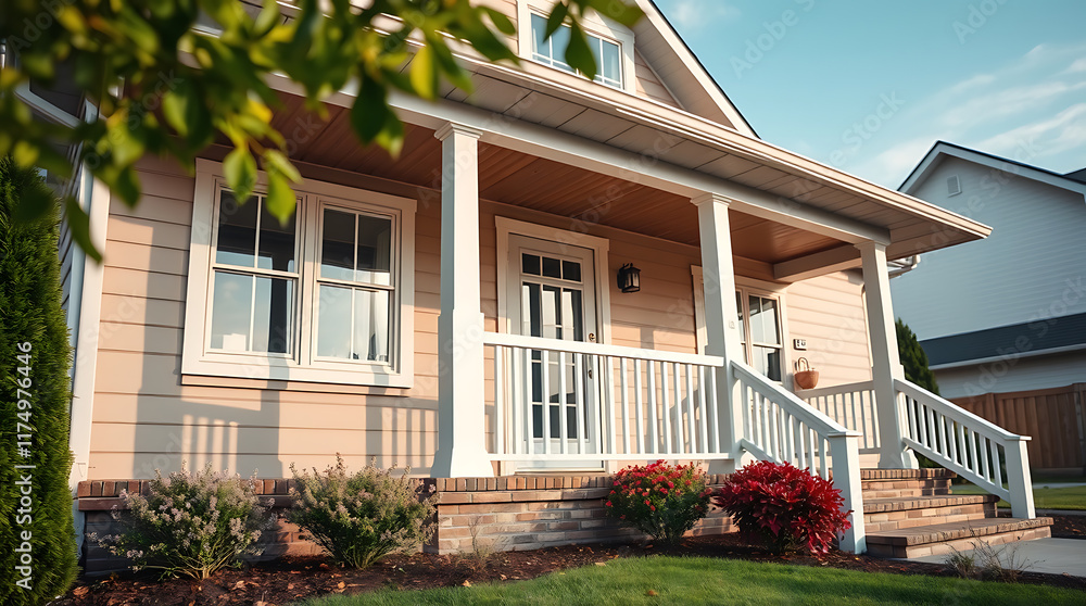 custom made wallpaper toronto digitalA tan-sided house with a white porch and railings.  Landscaping is visible at the base, and part of a tree is in the upper left corner.  Another house is partially visible in the background.