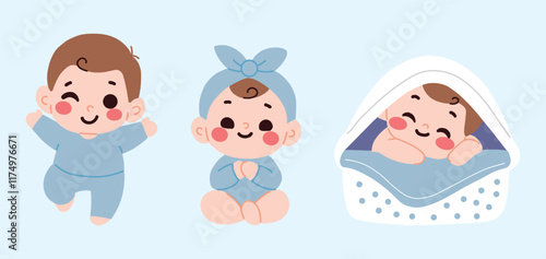 Adorable Cartoon Baby Illustrations Playing Sitting Sleeping in Crib