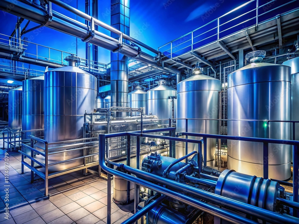 Night Photography: Milk & Yogurt Production Plant - Stainless Steel Tanks & Processing Equipment