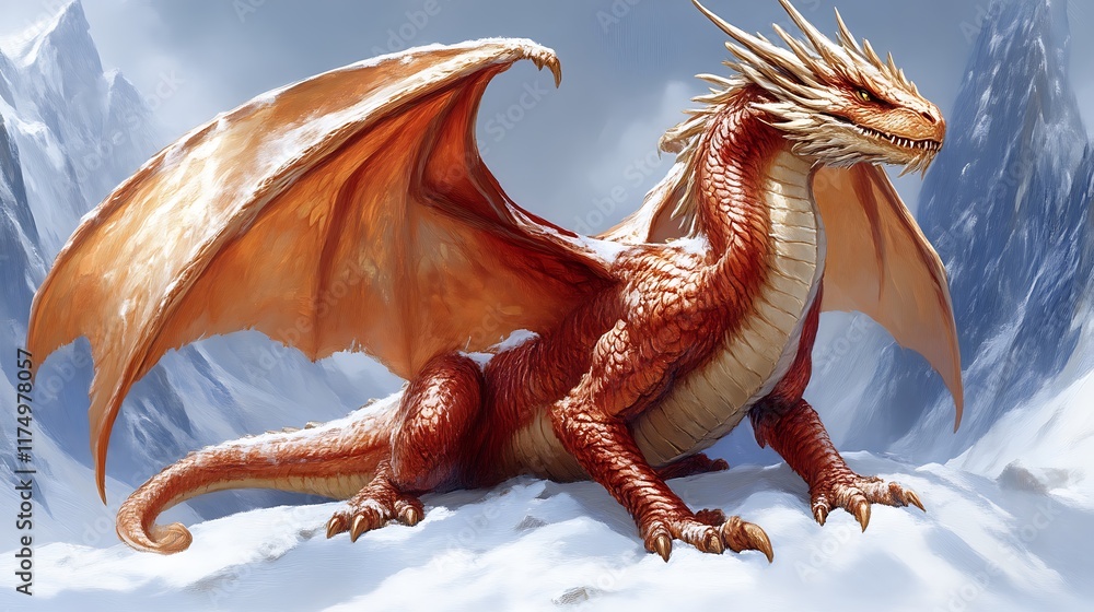 Majestic Red Dragon Rests in Snowy Mountains