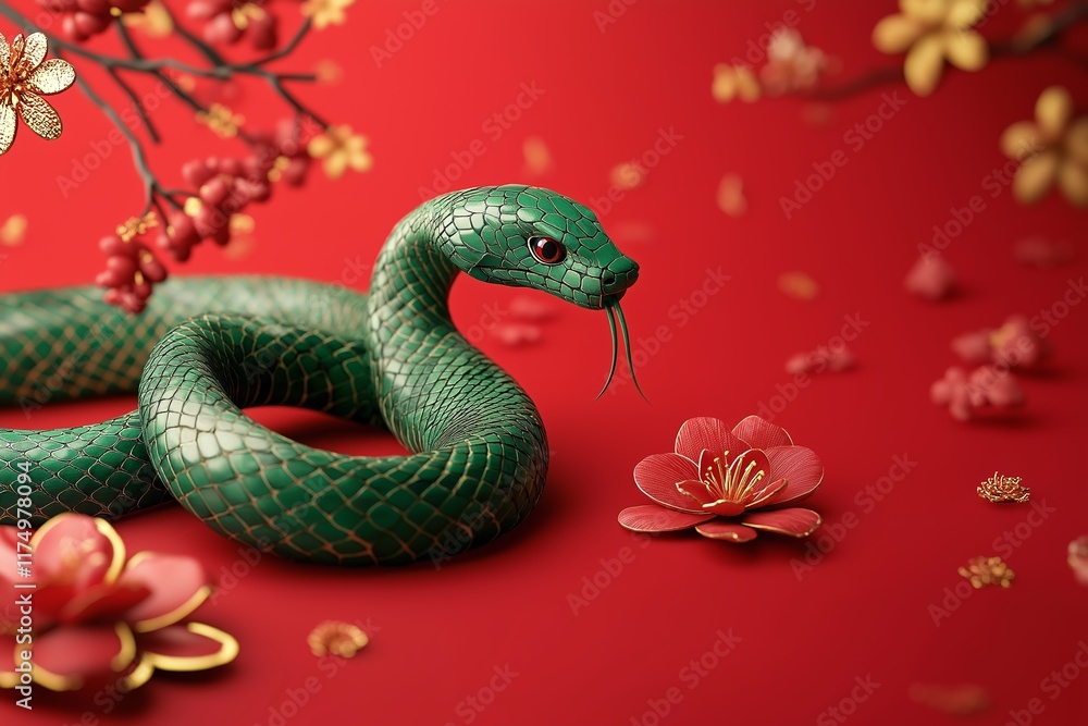 Obraz premium Green snake among golden coins and flowers on red background, symbol of 2025 year