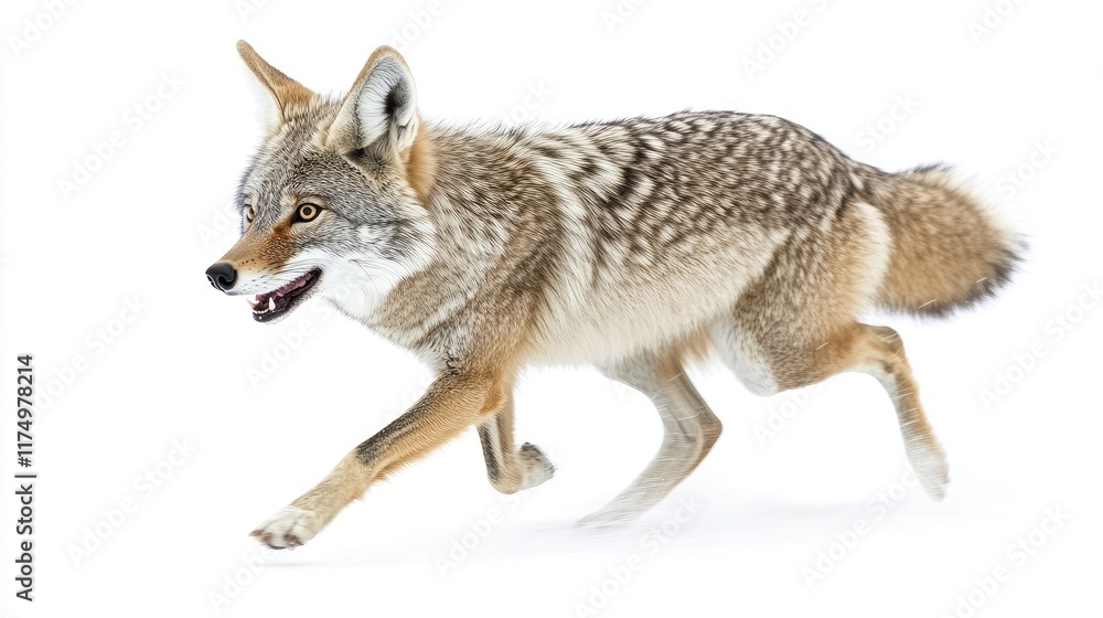 Fototapeta premium A coyote running in motion against a white background.