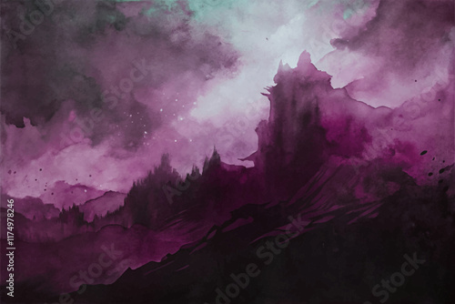 Dark purple landscape, mystical mountains, watercolor texture, atmospheric sky, fantasy scenery, artistic background.
