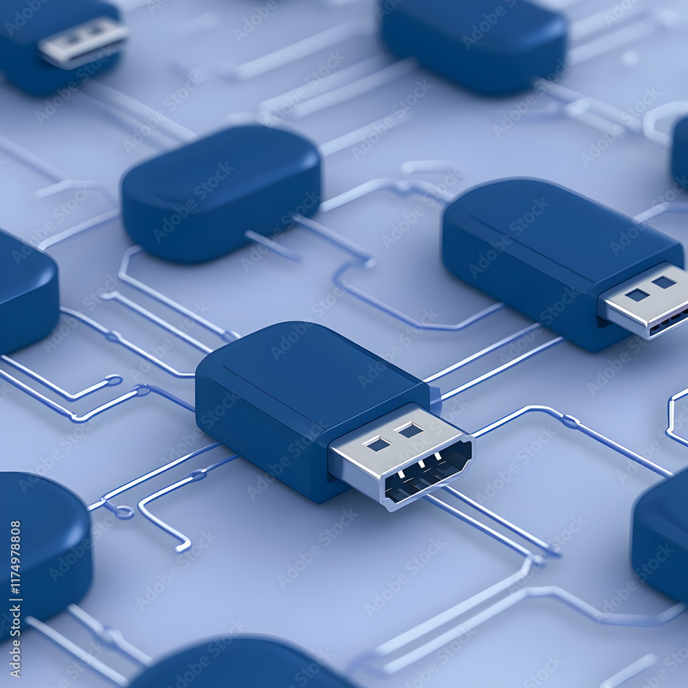 Fototapeta premium Blue USB Drives 3D Illustration