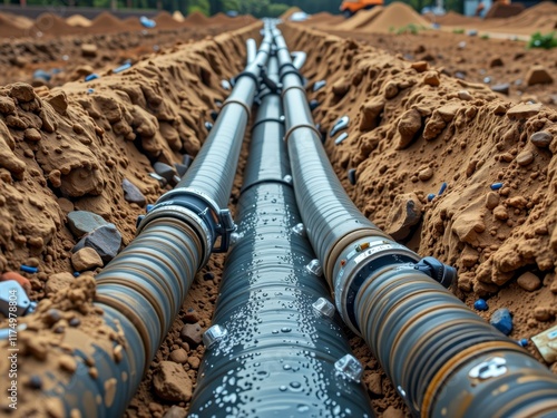 Underground Cable Installation Corrugated Pipes in Trench Construction Site photo