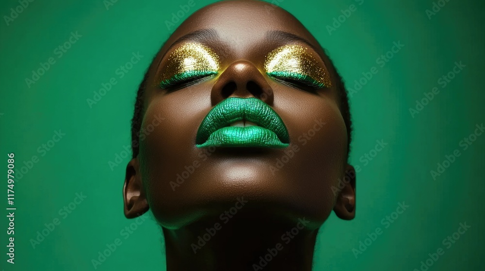 Close-up portrait of a young Black woman with vibrant green and gold makeup against a green background. Close-up portrait of a young Black woman with vibrant green and gold makeup against a green background.