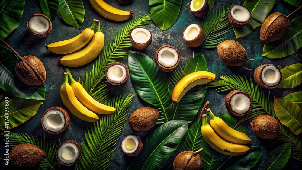 Night Photography: Tropical Fruit Pattern with Bananas and Coconuts Night Photography: Tropical Fruit Pattern with Bananas and Coconuts