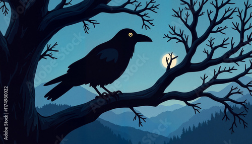 Raven perched on a branch under a full moon
