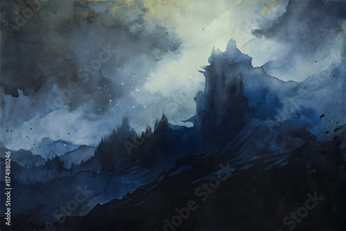 Dark watercolor landscape, misty mountains, atmospheric scenery, dramatic sky, artistic expression, serene nature, moody tones.