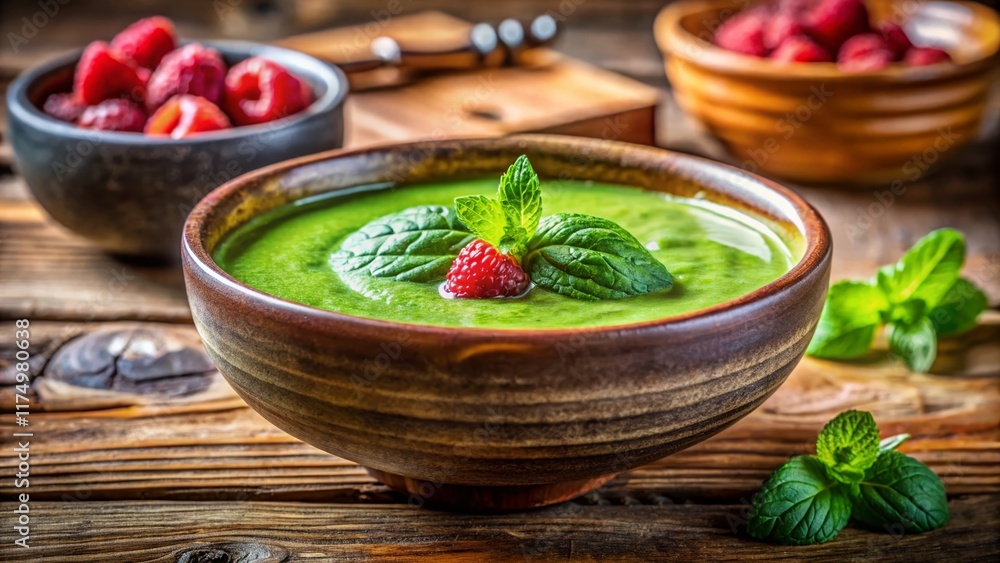 Fresh Green Smoothie in Rustic Bowl - Healthy Breakfast Drink Fresh Green Smoothie in Rustic Bowl - Healthy Breakfast Drink