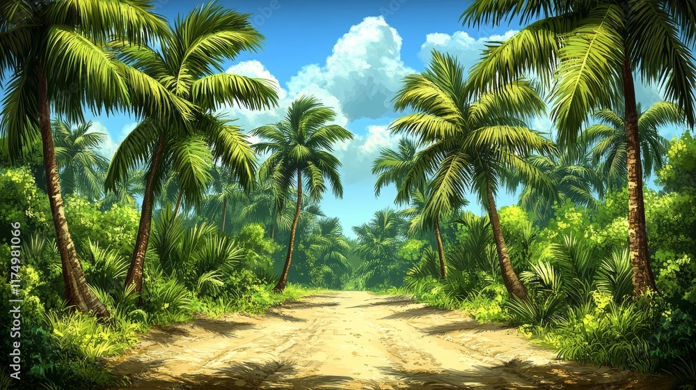 Lush Tropical Paradise Palm-Lined Path Through Verdant Jungle Lush Tropical Paradise Palm-Lined Path Through Verdant Jungle