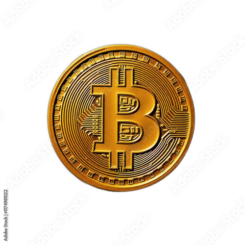Golden Bitcoin digital currency coin close-up.