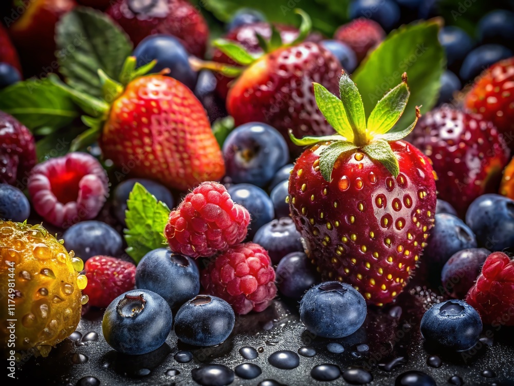 Fresh Juicy Fruits with Water Droplets - Low Light Photography Stock Photo Fresh Juicy Fruits with Water Droplets - Low Light Photography Stock Photo