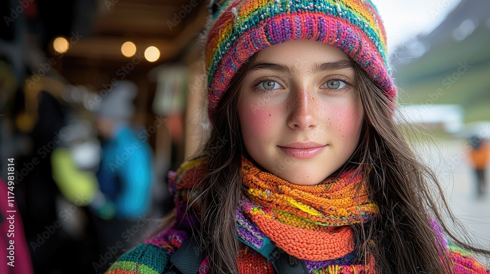 Colorful Knitted Hat and Scarf on a Young Girl Colorful Knitted Hat and Scarf on a Young Girl