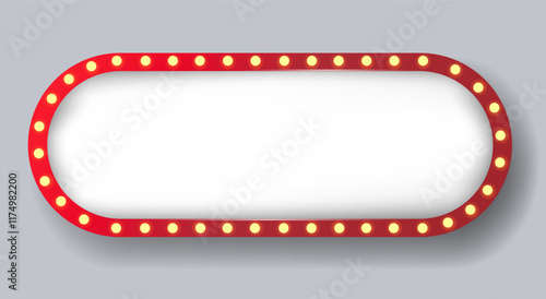 blank signboard with glowing yellow neon light bulb isolated on white wall background