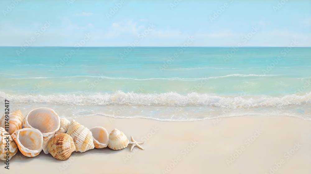 Seashells on beach with waves, horizontal, perfect for summer travel, beach resorts, spa centers and coastal lifestyle content. Ideal for vacation promotions and wellness retreats. Seashells on beach with waves, horizontal, perfect for summer travel, beach resorts, spa centers and coastal lifestyle content. Ideal for vacation promotions and wellness retreats.