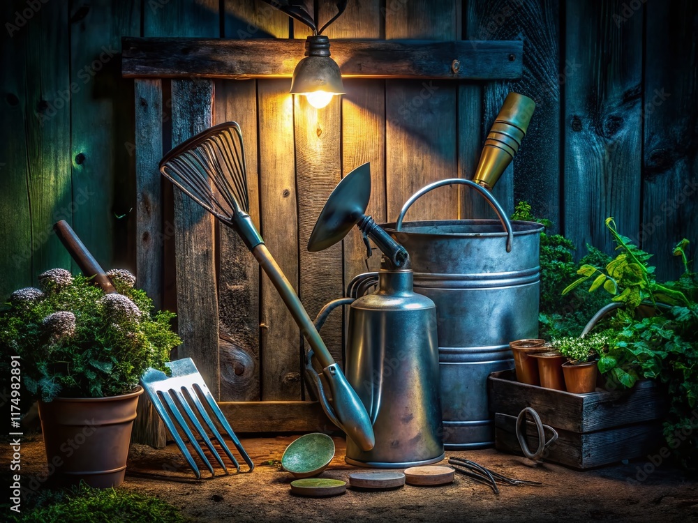 Nighttime Gardening Tools Still Life - Rustic Shed Setting Nighttime Gardening Tools Still Life - Rustic Shed Setting