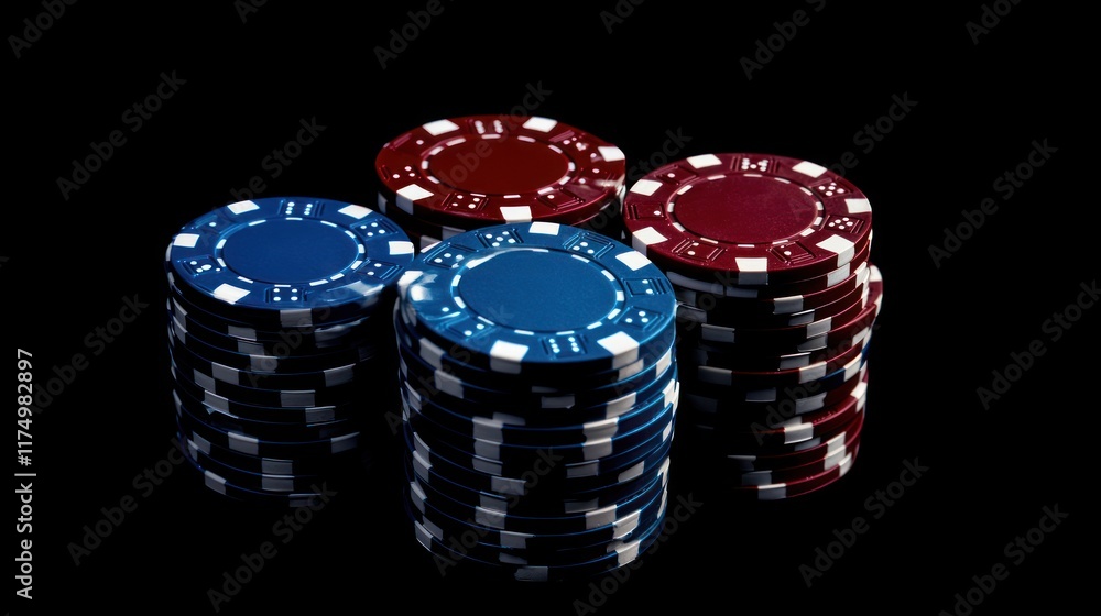 Poker Chips Stacks: Blue and Red Casino Game Tokens Poker Chips Stacks: Blue and Red Casino Game Tokens
