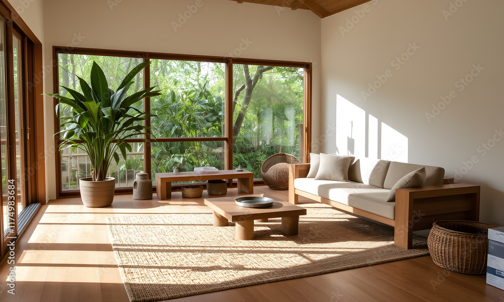 Obraz premium A serene and peaceful living room that seamlessly blends natural elements