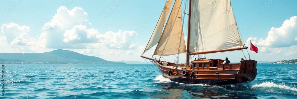 Fototapeta premium Classic wooden yacht in marina with sail up high, sailing, sea