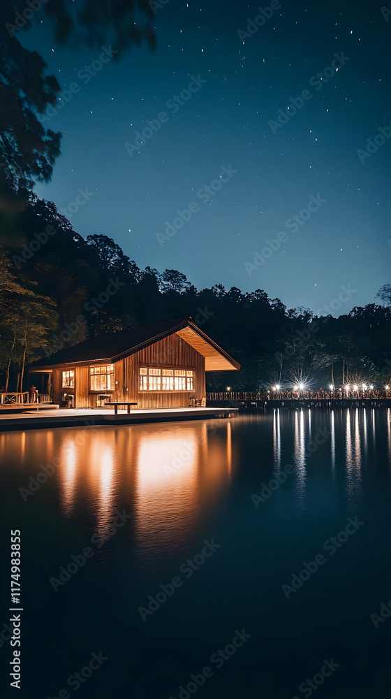 Fototapeta premium Night Lake House, Starry Sky Illustration