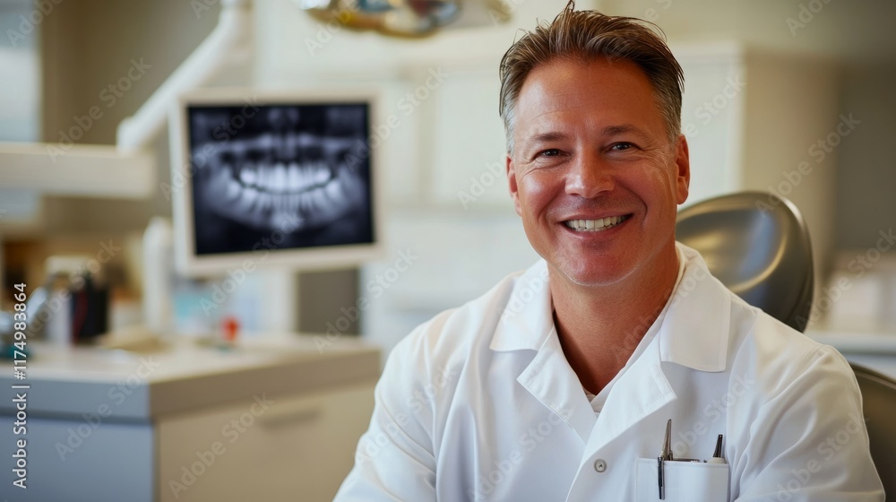 Obraz premium Asian male dentist smiling in dental clinic. Dentistry concept, healthy white teeth. Dentist in office.