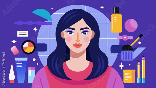 Female makeup artist working with various cosmetic products.