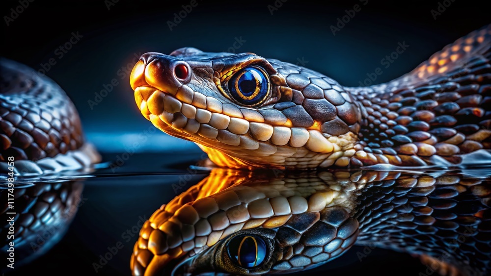 Fototapeta premium Night Water Moccasin, Striking Venomous Snake in Dark Swamp