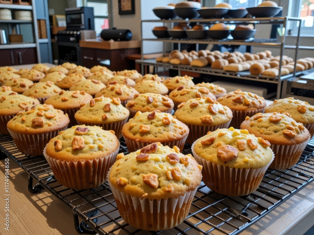Delicious Golden Brown Muffins with Crunchy Toppings Baked Goods Sweet Treats Close Up