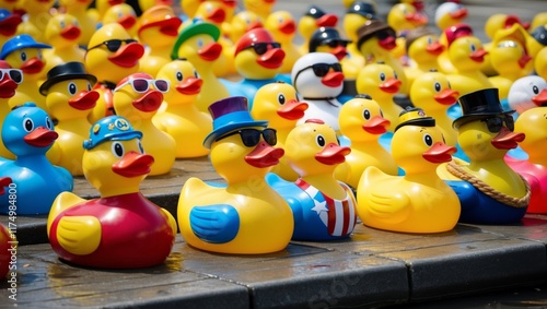A rubber ducky parade with various sizes and colors of duckies arranged in a row, each with unique accessories like hats and sunglasses.