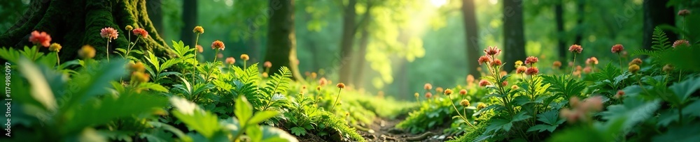 Dappled light on ferns and wildflowers in the forest, leaves, greenery Dappled light on ferns and wildflowers in the forest, leaves, greenery