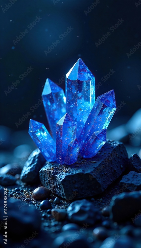 Obraz premium Dark blue crystal formation with shimmering, iridescent reflections on a textured background, luminous, iridescence