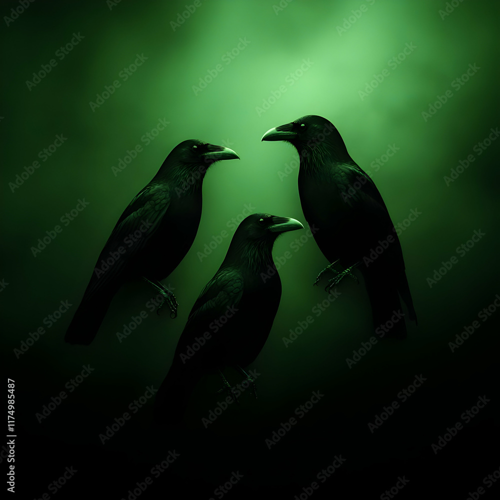 Fototapeta premium Three Crows Green Illustration