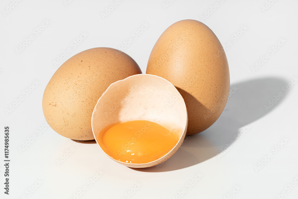 Studio shot of Two whole brown eggs and a broken eggshell containing an egg yolk isolated on white background Studio shot of Two whole brown eggs and a broken eggshell containing an egg yolk isolated on white background