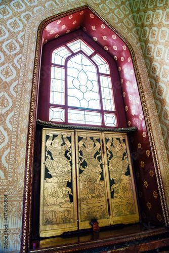 a beautiful stained glass window of Wat Benchamabophit Dusitvanaram, Bangkok, Thailand photo