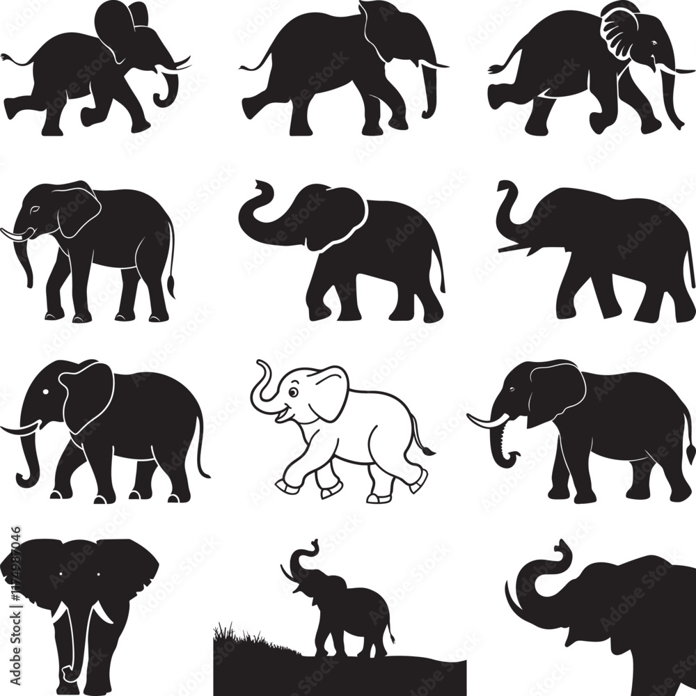 Fototapeta premium Elephant Printable Vector Design, Elephant kids Hand drawn elephant outline illustration, Set of elephant character silhouettes,
