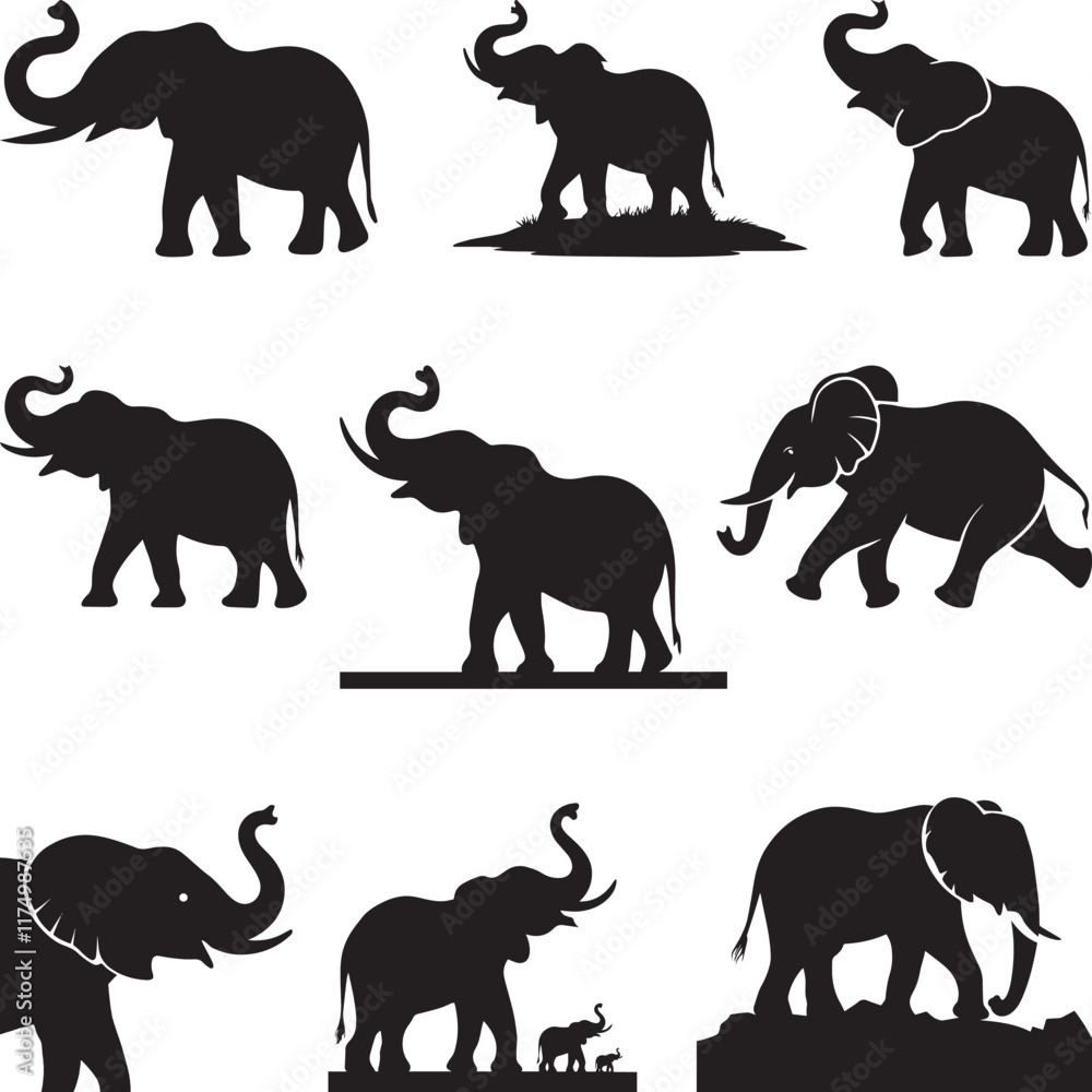 Fototapeta premium Elephant Printable Vector Design, Elephant kids Hand drawn elephant outline illustration, Set of elephant character silhouettes,
