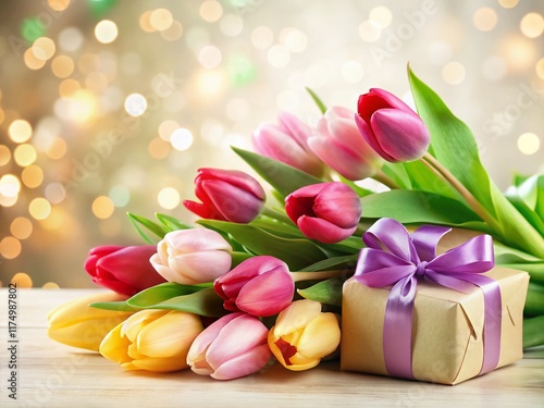 Fresh Spring Tulips & Gift Boxes - Bokeh Background Stock Photo