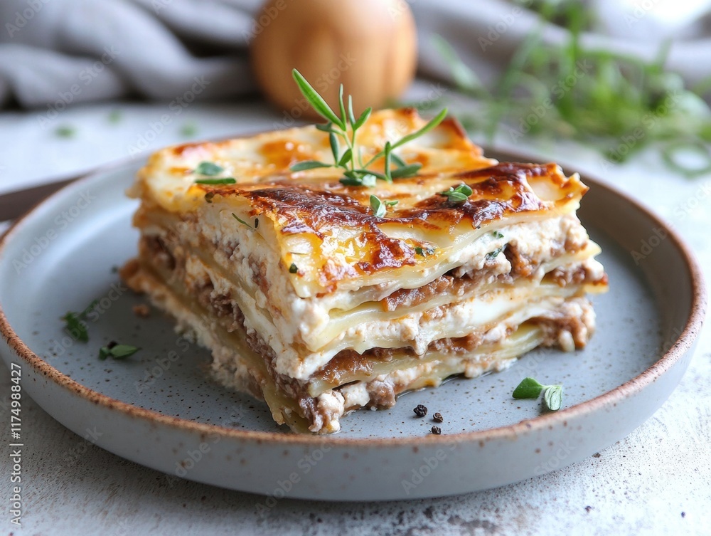 A chicken lasagna is sitting on a plate A chicken lasagna is sitting on a plate